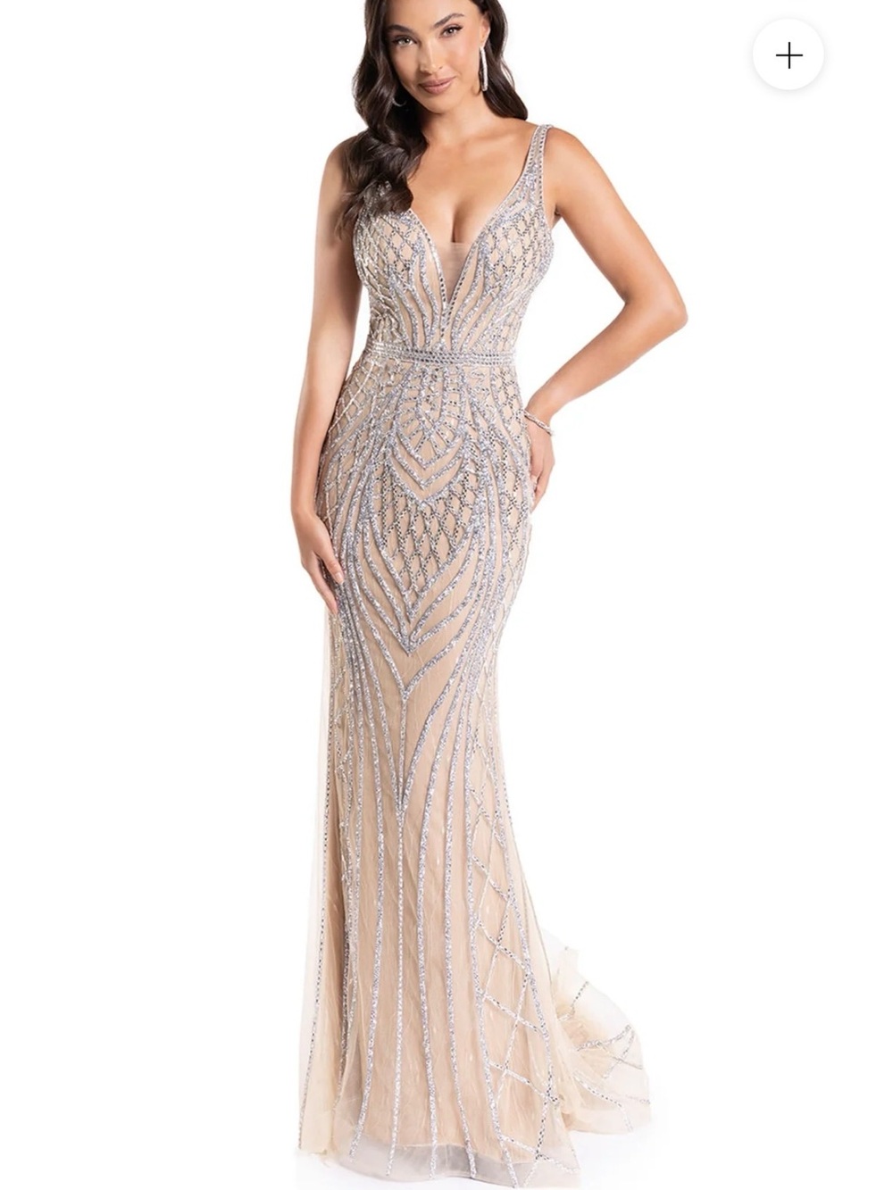 Abby Paris Beaded Crystal Formal Evening Gown Prom Dress Nude Silver XS 2 No Tag
